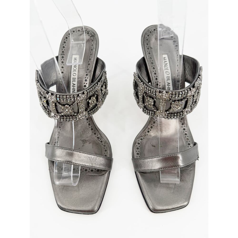 Manolo Blahnik Silver Gray Metallic Jeweled Leather Strappy Sandals Larapa 37.5